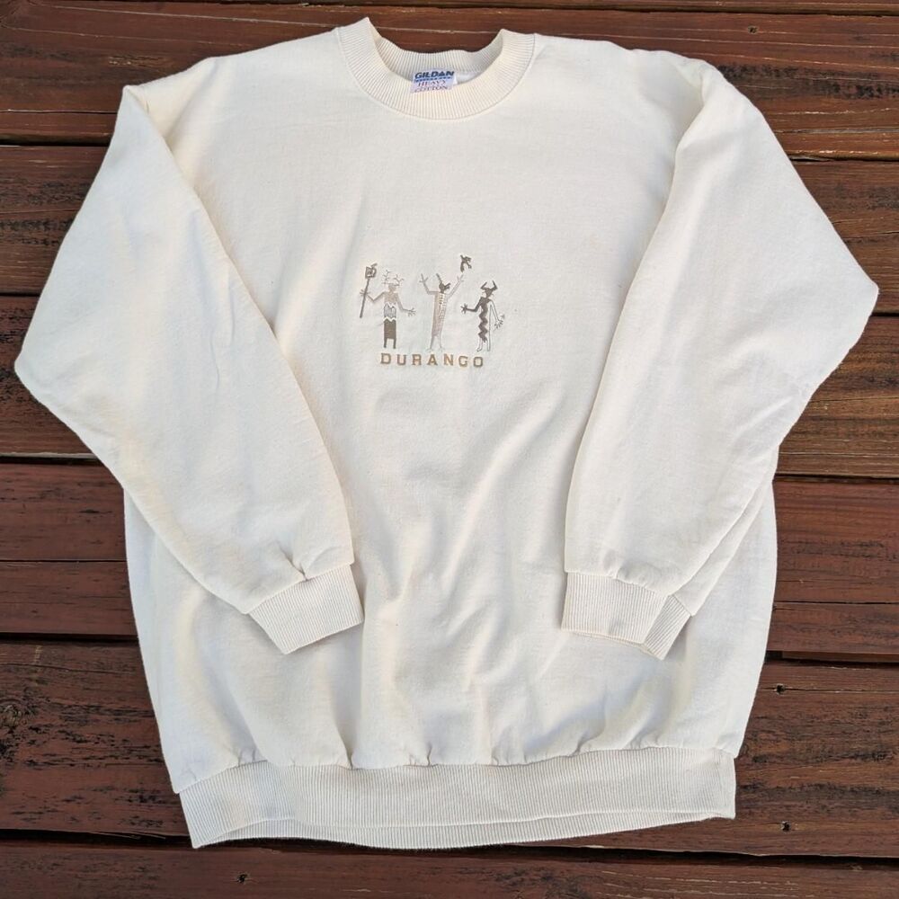 VTG White Gildan crewneck Large Durango Colorado Petroglyph Pictograph Native